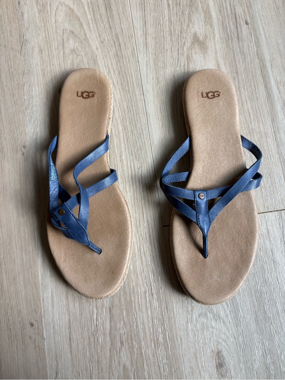 Blue Trim and Brown UGG Sandals Size: 10